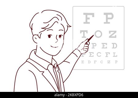 Lächelnder männlicher Arzt in weißer Uniform zeigt Briefe an Bord für den Patienten. Glücklicher Augenarzt oder Augenarzt führen eine Untersuchung für den Patienten durch. Vektorgrafik. Stock Vektor