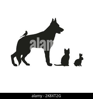 Verschiedene Haustiere Silhouetten auf weißem Hintergrund. Vektor-Illustration von Hund, Katze, Wellensittich und Kaninchen in schwarzer Farbe. Stockfoto