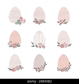 Set aus einfachen Pastell-ostereiern mit Blumenlinie verziert für Vorlage von Karte, Post, Angebot, Geschichte Stock Vektor