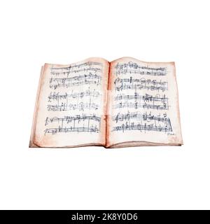 Wasserfarbendarstellung „Dirigentenpartitur“. Klassische Musik handbemalte isolierte Elemente-Kollektion auf weißem Hintergrund. Perfektes Design für Karten, gr Stockfoto