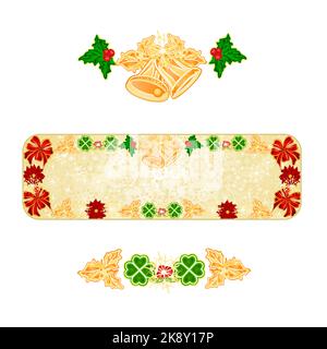 Banner Weihnachten Dekoration Schneeflocken mit Glocken und Weihnachtsstern und Kleeblatt vintage Vektor Illustration editierbar Handzeichen Stock Vektor