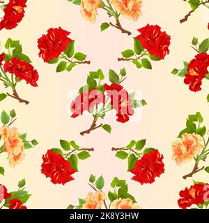 Nahtlose Textur Zweige gelb und rot Hibiskus tropischen Blumen vintage Vektor editierbare botanische Illustration Handzeichnen Stock Vektor