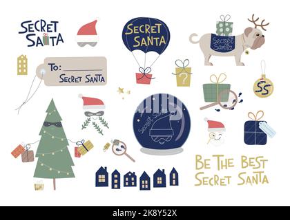 Set von Vektor-Illustration Secret Santa. Elemente für Einladung zu Veranstaltung, Unternehmen, Party, Geschenk-Tag, Nachricht. Beschriftung für Karte, Banner, Web Stock Vektor