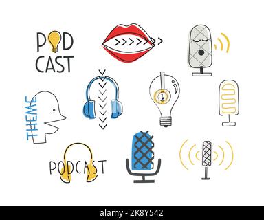 Handgezeichneter Linienvektor Satz von Illustrationen für Podcast. Trendige Minimalvorlage für Cover mit Kopfhörer, Mikrofon, Schriftzug. Stock Vektor