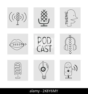 Handgezeichneter Linienvektor-Satz mit Illustrationen für Podcasts-Cover. Trendige Minimal-Vorlage. Stock Vektor