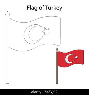 Türkische Flagge. Färben Sie die Flagge entsprechend dem angegebenen Beispiel. Vektorgrafik. Bild für Kinder. Der Stoff ist mit einem Halbmond verziert Stock Vektor