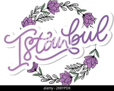 Istanbul. Handbeschriftetem Text. Vektor-Logo von Istanbul in schwarzer Farbe mit Möwen auf weißem Hintergrund. Souvenir-Produkte, Banner-Emblem, Reise-Blog Stock Vektor