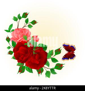 Blumenrahmen mit roten und rosa Rosen und Schmetterling Vintage festlichen Hintergrund Vektor Illustration editierbar Handzeichnen Stock Vektor