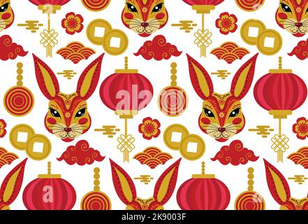 Happy Chinese New Year nahtloses Muster, Jahr des schwarzen Kaninchens 2023 endlose Textur, Hintergrund. Stock Vektor