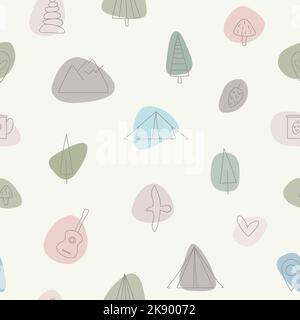 Sommer Camping Rest Vektor nahtlose Muster. Nahtlose Hintergrundszene mit Zelt, Berg, Gitarre, Baum, Tasse. Outdoor Abenteuer Illustration für Web Stock Vektor