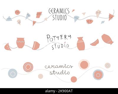 Bannervorlage, Logo für Keramik, Töpferstudio, Kurs mit Schriftzug und Pot, Teller, Fliesen. Handgezeichnete Vektordarstellung Stock Vektor