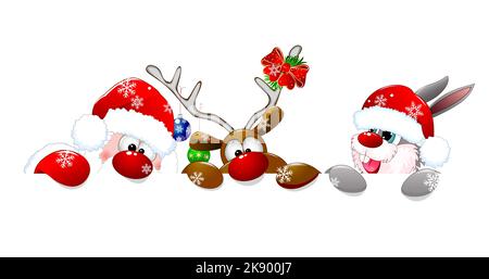 Weihnachtsmann, Hirsch und Kaninchen auf weißem Hintergrund. Die Figuren sind in Weihnachtsmützen gekleidet und mit Weihnachtsdekorationen geschmückt. Gemäß Stock Vektor