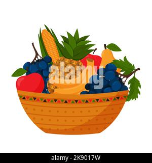 Eine Schüssel voller Früchte. Ananas, Trauben, Bananen, Äpfel, Birnen und Mais. Herbsternte, vegetarisch, landwirtschaftliche Produkte. Farbvektordarstellung im Warenkorb Stock Vektor