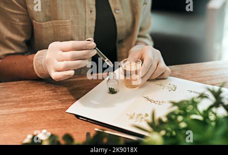 Tun Sie es für die Gesundheit Ihrer Pflanzen. Ein nicht erkennbarer Botaniker, der einer Pflanze auf Wasserbasis einen flüssigen Nährstoff in einem Glasbehälter hinzufügt. Stockfoto