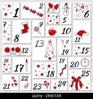 Weihnachts-Adventskalender. Weihnachtsposter. Dezember adwent Kalender mit verschiedenen weihnachtssymbolen. Weihnachten Countdown-Tags. Stock Vektor