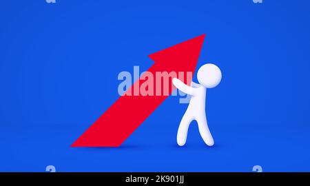 3D weißer Cartoon-Mann mit wachsendem Pfeil. Geschäftsstrategiekonzept. Isolierter blauer Hintergrund. Vektorgrafik Stock Vektor