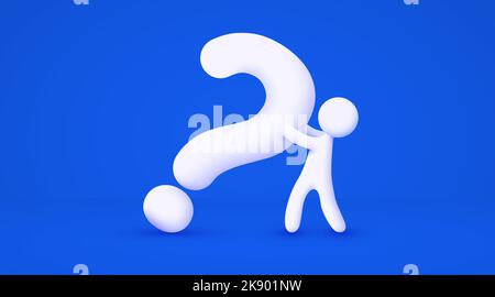 3D weißer Cartoon-Mann mit großem Fragezeichen. Problemlösungskonzept. Isolierter blauer Hintergrund. Vektorgrafik Stock Vektor