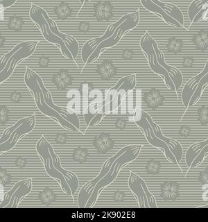 Vintage neutral monochromer Vektor abstrakte botanische Blätter und Blumen. Nahtloses handgezeichnetes Muster Hintergrund Chevron-Design. Diagonales Blatt und Stock Vektor