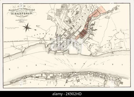 1824 gründete William Laird eine neue Stadt in Birkenhead, baute eine Werft und die neue Stadt wuchs rasant. 1843 machte James Meadows Rendel Pläne (rot markiert) für die Docks und Lagerhäuser in Birkenhead, auf der Wirral, auf der gegenüberliegenden Seite des Flusses Mersey von Liverpool. Das Programm wurde bis zur Finanzkrise 1847 von der Birkenhead Dock Co verwaltet. Im Jahr 1858 wurde das Birkenhead Dock Estate an die Liverpool Dock Trustees übertragen, die seitdem unter dem Titel des Mersey Docks and Harbour Board anerkannt wurden, der die Rechte auf Andockeigentum und Einnahmen erhielt. Stockfoto