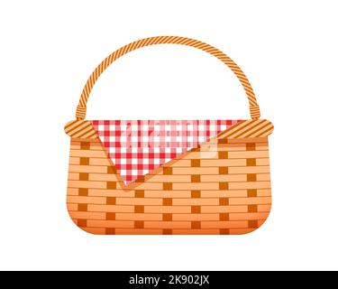 Leerer Picknickkorb aus Korbstoff mit karierter Stoffserviette. Handgewebter Weidenkorb isoliert auf weißem Hintergrund. Vektorgrafik Cartoon-Illustration. Stock Vektor