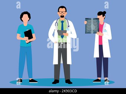 Ärzte arbeiten und eine Ärztin steht bei einem rengen Stock Vektor