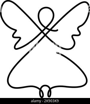 Einfacher Vektor Weihnachtsengel mit Flügeln, kontinuierliche Linienzeichnung, kleines Tattoo, Druck für Kleidung und Logo-Design, Emblem oder Silhouette ein einziges Stock Vektor