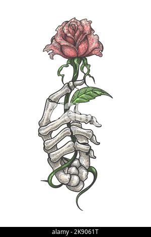 Bunte Tattoo der Skelett Hand hält Rose Blume isoliert auf weiß. Vektorgrafik. Stock Vektor