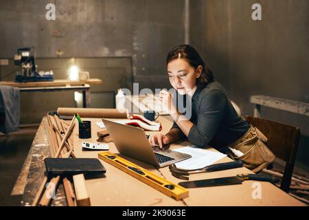 Sehen wir uns einige Beispiele an: Eine attraktive junge Tischlerin, die in der Werkstatt an ihrem Laptop arbeitet. Stockfoto