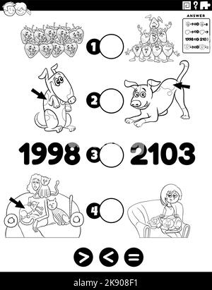 Schwarz-Weiß-Cartoon-Illustration der pädagogischen mathematischen Puzzle-Aufgabe von größer als, kleiner oder gleich für Kinder mit Objekten und Anim Stock Vektor