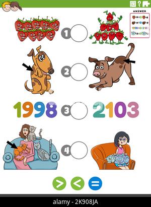 Cartoon Illustration der pädagogischen mathematischen Puzzle-Aufgabe von größer als, kleiner als oder gleich für Kinder mit Objekten und Tierfiguren ein Stock Vektor