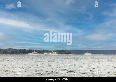 Drei große Yachten ankerten vor Shelter Island, NY Stockfoto
