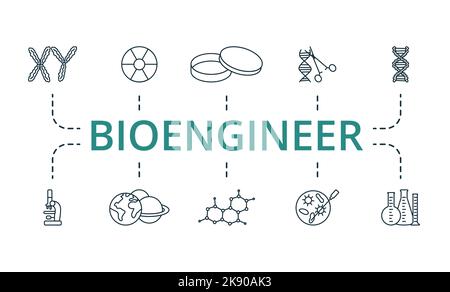 Bioingenieur-Symbolsatz. Monochrom einfache Bioingenieur Icon Kollektion. Chromosom, Nuklear, Petrischale, Gentechnik, Dna, Mikroskop, Planetologie Stock Vektor