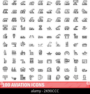 100 Symbole für die Luftfahrt eingestellt. Skizzieren Sie die Darstellung von 100 Symbolen für die Luftfahrt, die auf weißem Hintergrund isoliert sind Stock Vektor