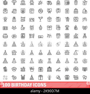 100 Geburtstagssymbole eingestellt. Skizzieren Sie die Darstellung von 100 Geburtstagssymbolen Vektorset isoliert auf weißem Hintergrund Stock Vektor