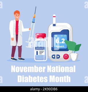 Monat des Diabetesbewusstseins am November in den USA. Veranstaltung zur nationalen Gesundheitsversorgung in den USA. Arzt taucht Insulin, machen Blutuntersuchung. Stock Vektor