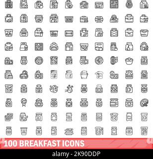100 Frühstückssymbole eingestellt. Skizzieren Sie die Darstellung von 100 Vektoren für Frühstückssymbole, die isoliert auf weißem Hintergrund eingestellt sind Stock Vektor