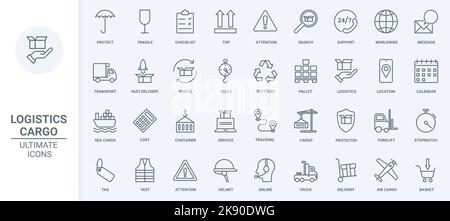 Weltweite Lieferunterstützung, Logistik und Transport dünne Linien Symbole setzen Vektor-Illustration. Umriss LKW, Schiff für den schnellen Versand von Frachtpaketen, Kran und Gabelstapler, Regenschirm und Schild Stock Vektor