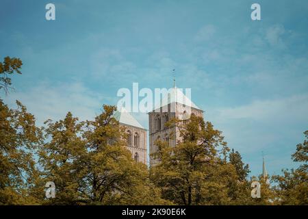 Die beiden Türme des Münster hinter den Herbstbäumen. Deutschland. Stockfoto