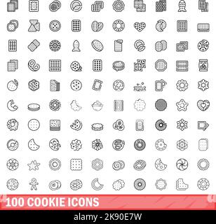 100 Cookie-Symbole gesetzt. Skizzieren Abbildung von 100 Cookie-Symbole Vektor isoliert auf weißem Hintergrund gesetzt Stock Vektor