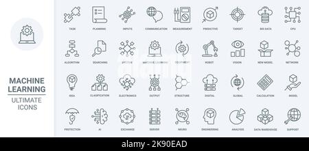 Machine Learning, Datenanalyse dünne Linien Symbole setzen Vektor-Illustration. Skizzieren Algorithmen und automatische intelligente Prozesse der KI-Kommunikation, Schaltung im digitalen Robotergehirn, Zukunftstechnologie Stock Vektor