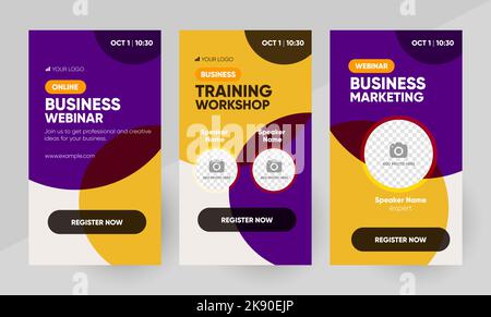 Business-Marketing-Schulung Webinar – Vorlage für Social-Media-Geschichten. Hintergrund und Illustration für Social Media Banner Design mit einem Platz für ein Bild in Vektor. Stock Vektor