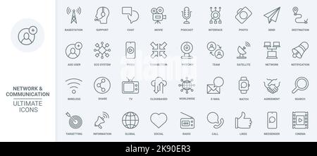 Soziale Medien, globale Netzwerktechnologie, dünne Linien-Symbole, die Vektordarstellung festlegen. Skizzieren Sie Symbole für Kommunikationsturm und Satellitensystem, globalen Support, E-Mail-Benachrichtigungen und Chat-Nachrichten Stock Vektor