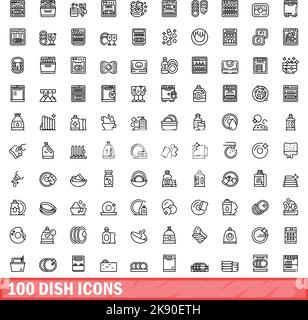 100 Teller-Symbole eingestellt. Skizzieren Sie die Darstellung von 100 Schalensymbolen, die auf weißem Hintergrund isoliert sind Stock Vektor