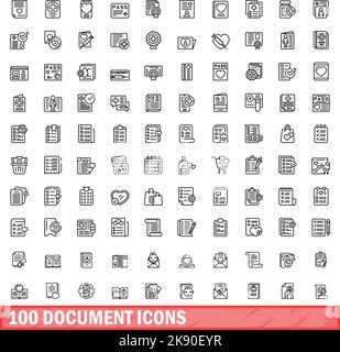100 Dokumentsymbole eingestellt. Skizzieren Sie die Darstellung von 100 Dokumentsymbolen, Vektorset isoliert auf weißem Hintergrund Stock Vektor