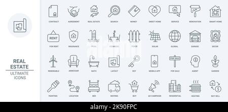 Symbole für dünne Linien in Immobilien setzen Vektordarstellung. Übersicht über den Kauf von Häusern, Hypothekenvertrag und Versicherungsschutz, Werbung und Suche nach Familienvilla und Hauswohnungen zur Miete und zum Verkauf Stock Vektor