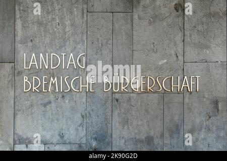 BREMEN, DEUTSCHLAND - 12. MAI 2016: zeichen Landtag Bremische Buergerschaft am Landtag in Bremen. Bremen ist ein Bundesland der Stadt in Deutschland mit eigenem Teilgebiet Stockfoto