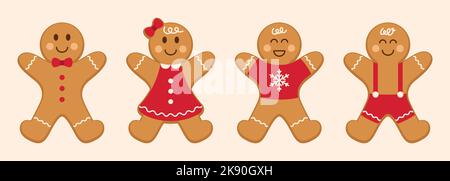 Set von Lebkuchen Mann und Frau süße Kekse. Weihnachten Winter Weihnachten Symbole. Vektorgrafik. Stock Vektor