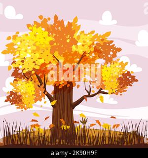 Herbstlandschaft mit Eichenbaum gelb, orange, gefallenen Blättern. Ländliche Seeszene, Landschaft Stock Vektor