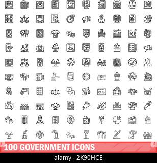 100 Regierungssymbole eingestellt. Skizzieren Sie die Darstellung von 100 Regierungssymbolen, die auf weißem Hintergrund isoliert sind Stock Vektor