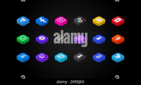 Sammlung von populären Social Media und Botschafter 3D Logos Illustrationen. Realistisches Editorial-Set auf schwarzem Hintergrund. Abgewinkelte Volumen farbenfrohe quadratische Gradientenknöpfe mit abgerundeten Ecken. Mobile Anwendungen. Vektorgrafik Stock Vektor